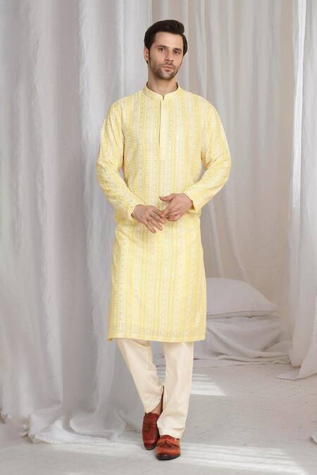 Buy_Aham-Vayam_Yellow Cotton Embroidery Pastel Kurta With Dupatta _Online_at_Aza_Fashions