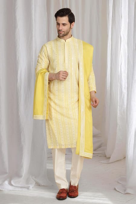 Shop_Aham-Vayam_Yellow Cotton Embroidery Pastel Kurta With Dupatta _Online_at_Aza_Fashions