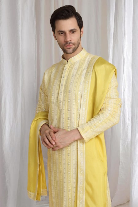 Aham-Vayam_Yellow Cotton Embroidery Pastel Kurta With Dupatta _at_Aza_Fashions