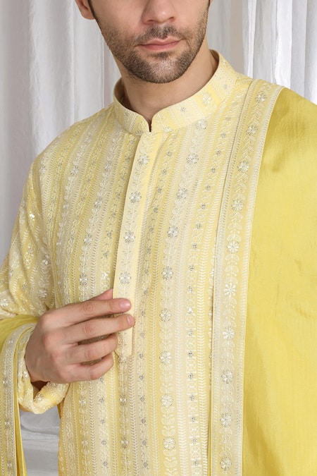 Shop_Aham-Vayam_Yellow Cotton Embroidery Pastel Kurta With Dupatta 