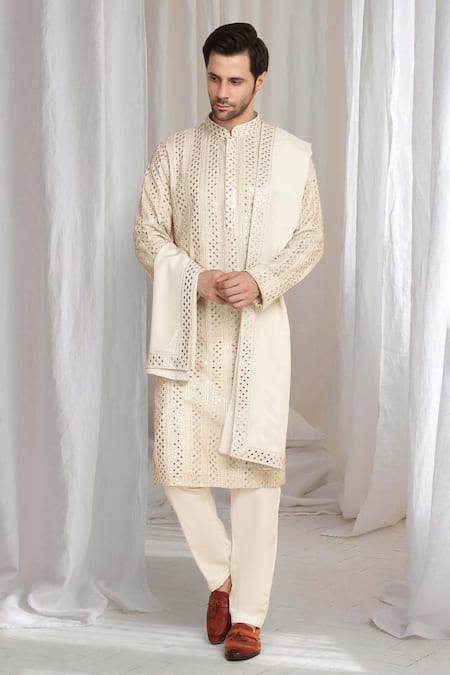Aham-Vayam Beige Cotton Zari Gold Thread Embroidered Kurta With Dupatta 