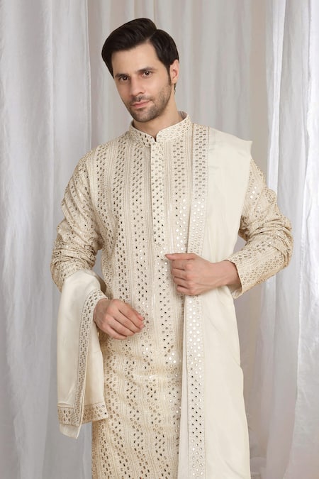Shop_Aham-Vayam_Beige Cotton Zari Gold Thread Embroidered Kurta With Dupatta _Online_at_Aza_Fashions