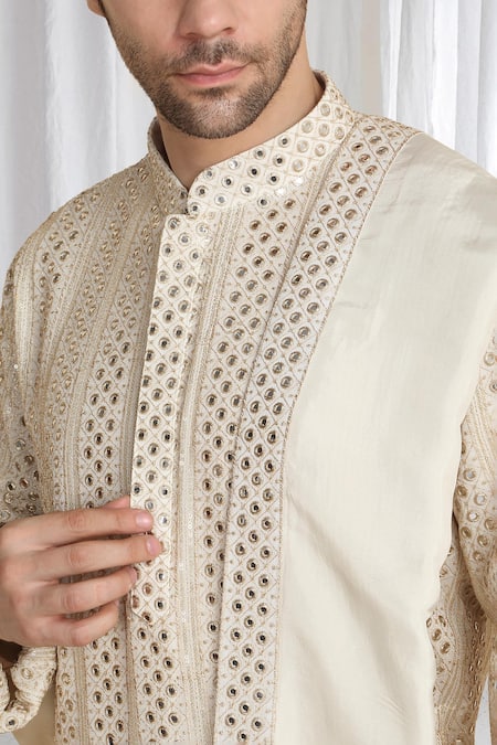 Aham-Vayam_Beige Cotton Zari Gold Thread Embroidered Kurta With Dupatta _at_Aza_Fashions