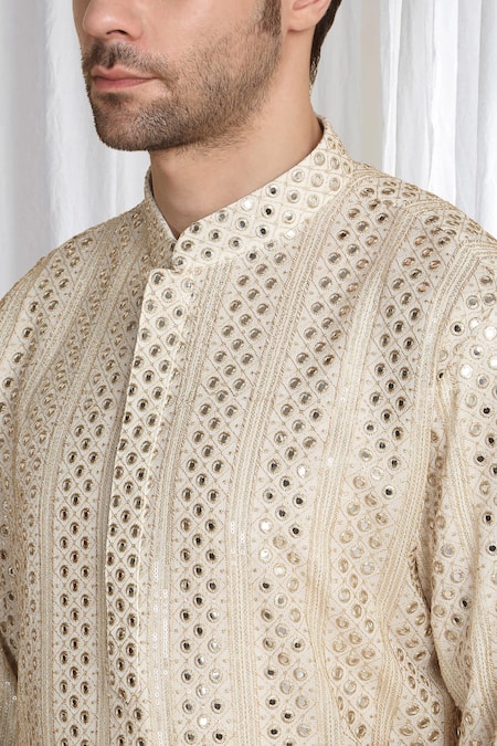 Buy_Aham-Vayam_Beige Cotton Zari Gold Thread Embroidered Kurta With Dupatta 