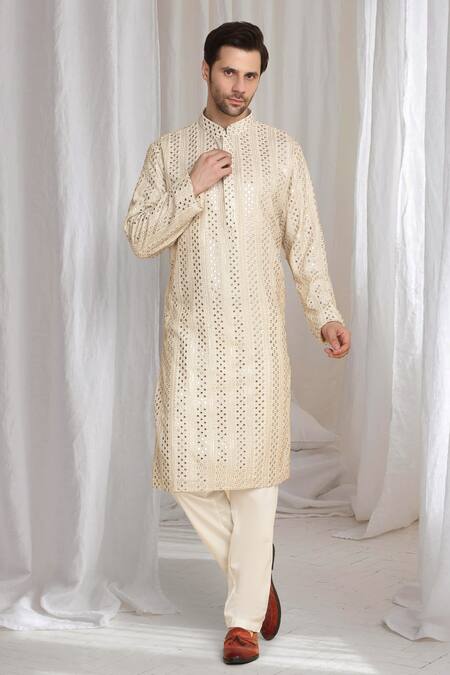 Shop_Aham-Vayam_Beige Cotton Zari Gold Thread Embroidered Kurta With Dupatta 