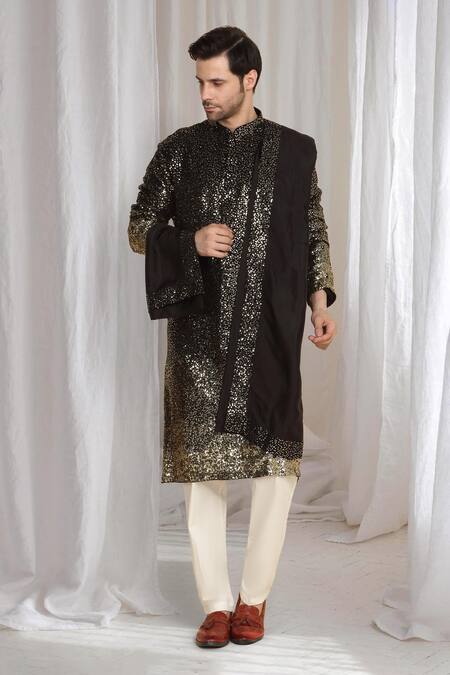 Aham-Vayam_Black Cotton Sequins Ombre Embroidered Kurta With Dupatta _Online_at_Aza_Fashions