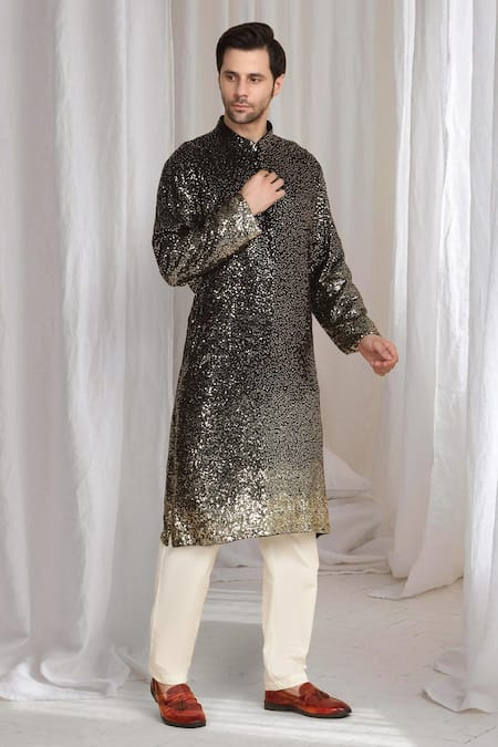 Shop_Aham-Vayam_Black Cotton Sequins Ombre Embroidered Kurta With Dupatta _Online_at_Aza_Fashions