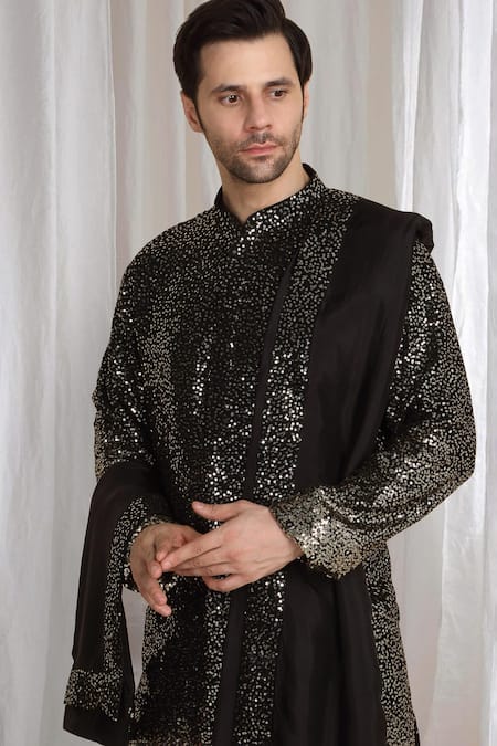 Aham-Vayam_Black Cotton Sequins Ombre Embroidered Kurta With Dupatta _at_Aza_Fashions
