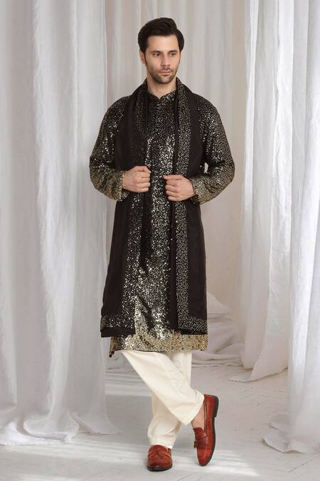 Shop_Aham-Vayam_Black Cotton Sequins Ombre Embroidered Kurta With Dupatta 