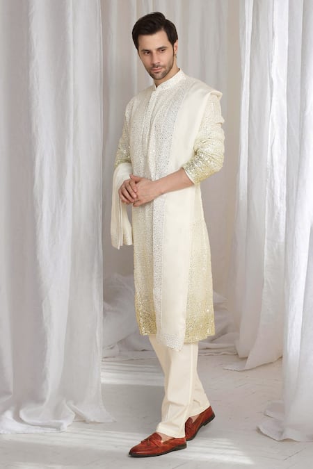 Buy_Aham-Vayam_Cream Cotton Sequins Ombre Embroidered Kurta With Dupatta _Online_at_Aza_Fashions