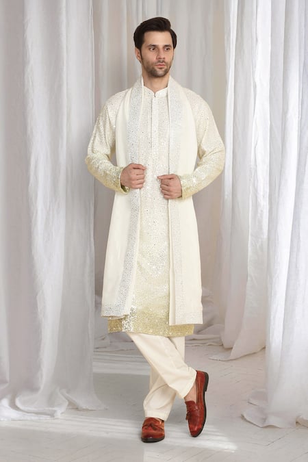 Shop_Aham-Vayam_Cream Cotton Sequins Ombre Embroidered Kurta With Dupatta _Online_at_Aza_Fashions