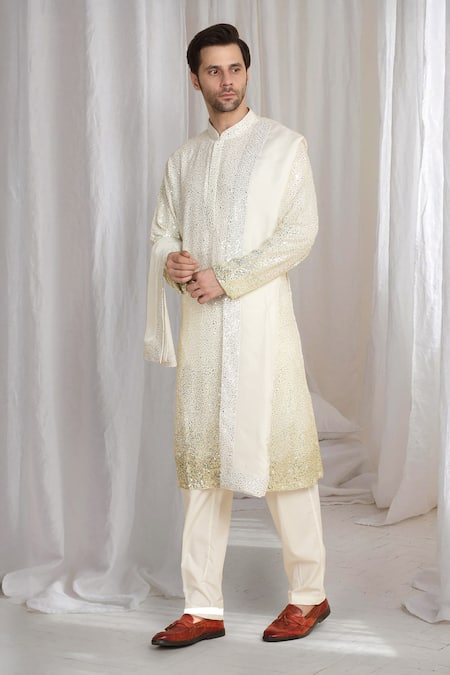 Aham-Vayam_Cream Cotton Sequins Ombre Embroidered Kurta With Dupatta _at_Aza_Fashions