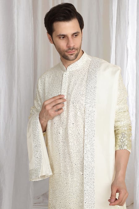 Buy_Aham-Vayam_Cream Cotton Sequins Ombre Embroidered Kurta With Dupatta 
