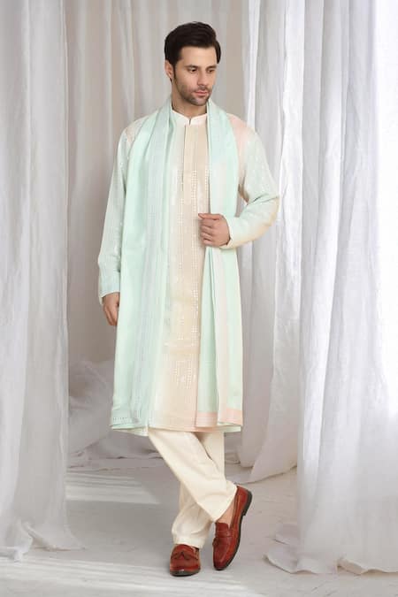 Aham-Vayam Coral Cotton Embroidery Ombre Kurta With Dupatta 