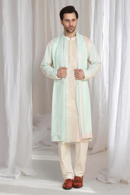 Buy_Aham-Vayam_Coral Cotton Embroidery Ombre Kurta With Dupatta _Online_at_Aza_Fashions