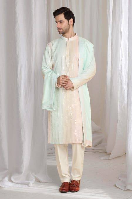 Shop_Aham-Vayam_Coral Cotton Embroidery Ombre Kurta With Dupatta _Online_at_Aza_Fashions