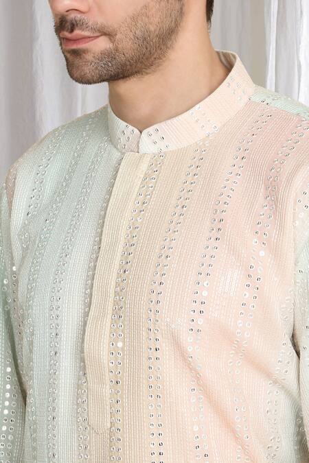 Aham-Vayam_Coral Cotton Embroidery Ombre Kurta With Dupatta _at_Aza_Fashions