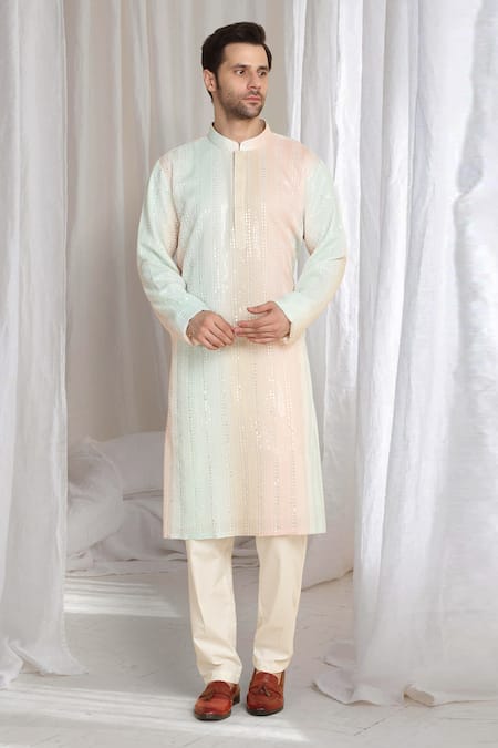 Buy_Aham-Vayam_Coral Cotton Embroidery Ombre Kurta With Dupatta 