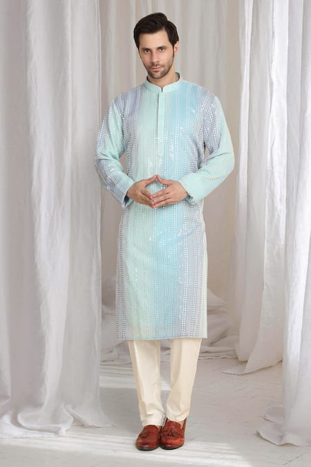 Aham-Vayam_Olive Green Cotton Sequins, Embroidery Ombre Kurta With Dupatta _Online_at_Aza_Fashions