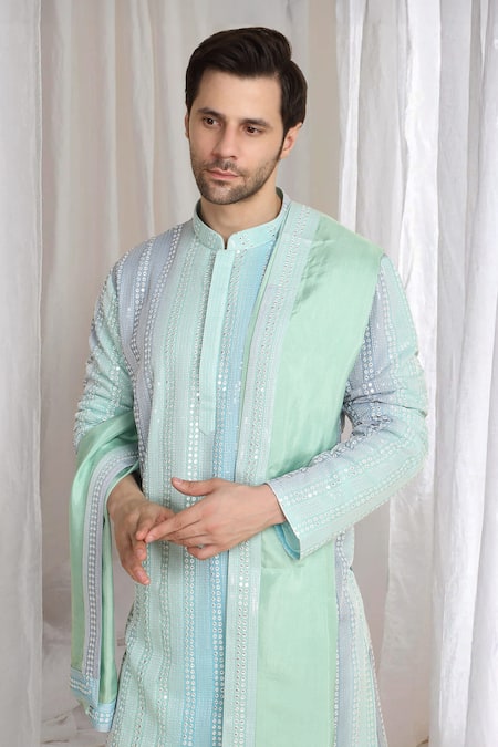 Buy_Aham-Vayam_Olive Green Cotton Sequins, Embroidery Ombre Kurta With Dupatta _Online_at_Aza_Fashions