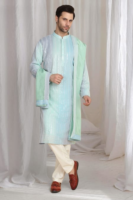 Aham-Vayam_Olive Green Cotton Sequins, Embroidery Ombre Kurta With Dupatta _at_Aza_Fashions