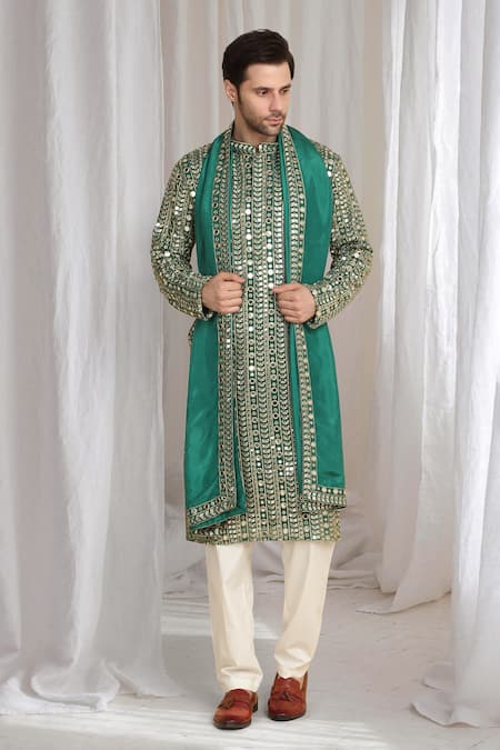 Buy_Aham-Vayam_Green Cotton Zari Golden Thread Embroidered Kurta And Dupatta _Online_at_Aza_Fashions
