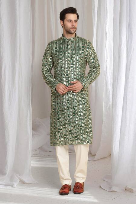 Shop_Aham-Vayam_Green Cotton Zari Golden Thread Embroidered Kurta And Dupatta _Online_at_Aza_Fashions