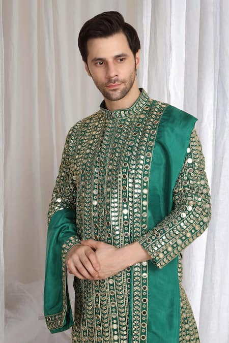 Aham-Vayam_Green Cotton Zari Golden Thread Embroidered Kurta And Dupatta _at_Aza_Fashions