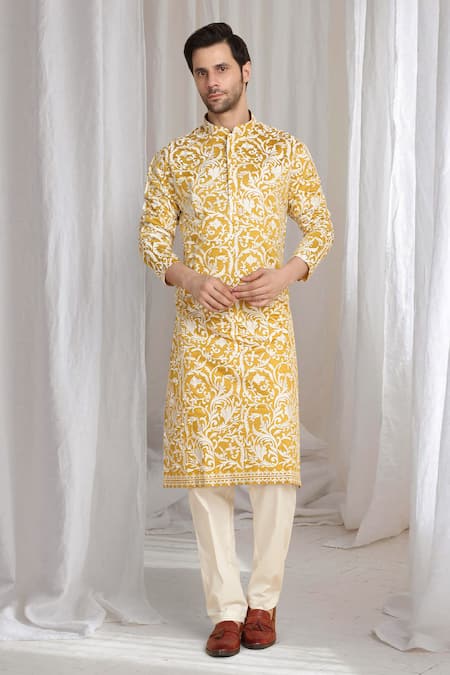 Aham-Vayam Yellow Cotton Embroidery Floral Thread Kurta Online at Aza Fashions Aham-Vayam_Yellow Cotton Embroidery Floral Thread Kurta _Online_at_Aza_Fashions