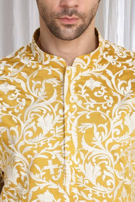Buy Aham-Vayam Yellow Cotton Embroidery Floral Thread Kurta Online at Aza Fashions Buy_Aham-Vayam_Yellow Cotton Embroidery Floral Thread Kurta _Online_at_Aza_Fashions