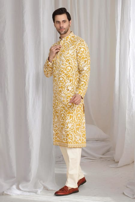 Shop Aham-Vayam Yellow Cotton Embroidery Floral Thread Kurta Online at Aza Fashions Shop_Aham-Vayam_Yellow Cotton Embroidery Floral Thread Kurta _Online_at_Aza_Fashions