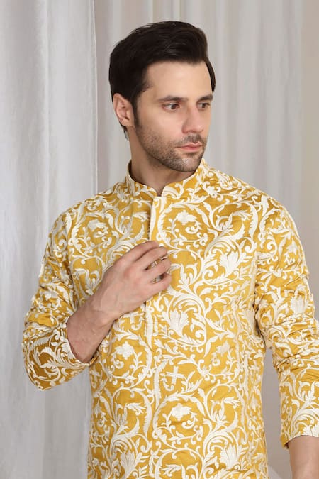Aham-Vayam Yellow Cotton Embroidery Floral Thread Kurta at Aza Fashions Aham-Vayam_Yellow Cotton Embroidery Floral Thread Kurta _at_Aza_Fashions