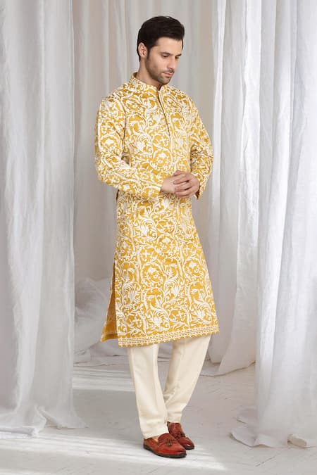 Buy Aham-Vayam Yellow Cotton Embroidery Floral Thread Kurta Buy_Aham-Vayam_Yellow Cotton Embroidery Floral Thread Kurta