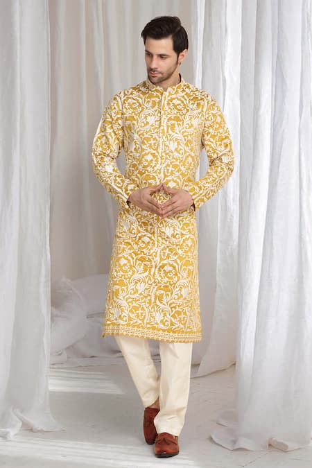 Aham-Vayam Yellow Cotton Embroidery Floral Thread Kurta