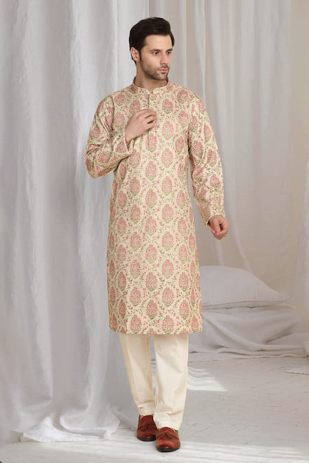 Shop Aham-Vayam Beige Cotton Embroidery Gul Thread Kurta Online at Aza Fashions Shop_Aham-Vayam_Beige Cotton Embroidery Gul Thread Kurta _Online_at_Aza_Fashions