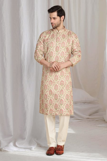 Aham-Vayam Beige Cotton Embroidery Gul Thread Kurta at Aza Fashions Aham-Vayam_Beige Cotton Embroidery Gul Thread Kurta _at_Aza_Fashions