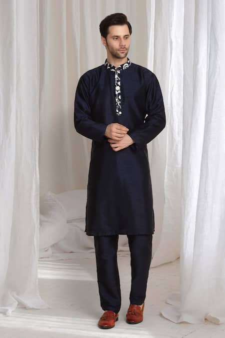 Buy_Aham-Vayam_Navy Cotton Embroidery Floral Jacket Kurta Pant Set _Online_at_Aza_Fashions