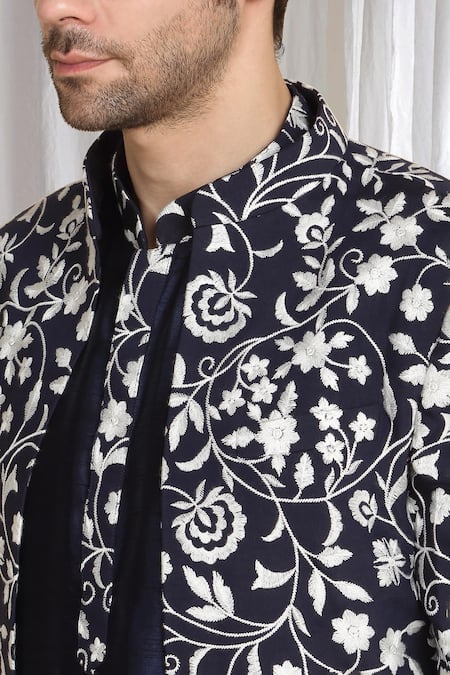 Shop_Aham-Vayam_Navy Cotton Embroidery Floral Jacket Kurta Pant Set _Online_at_Aza_Fashions