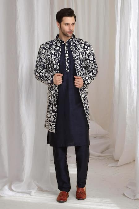 Aham-Vayam_Navy Cotton Embroidery Floral Jacket Kurta Pant Set _at_Aza_Fashions