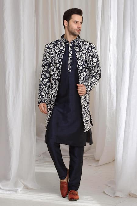 Aham-Vayam Navy Cotton Embroidery Floral Jacket Kurta Pant Set 