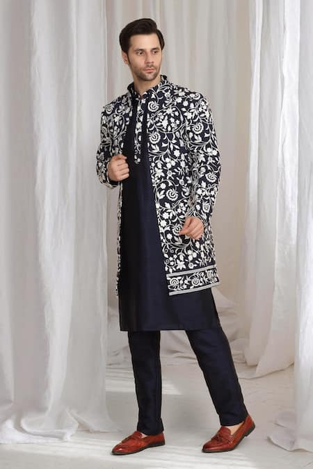 Buy_Aham-Vayam_Navy Cotton Embroidery Floral Jacket Kurta Pant Set 