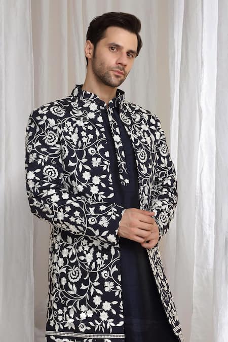 Shop_Aham-Vayam_Navy Cotton Embroidery Floral Jacket Kurta Pant Set 