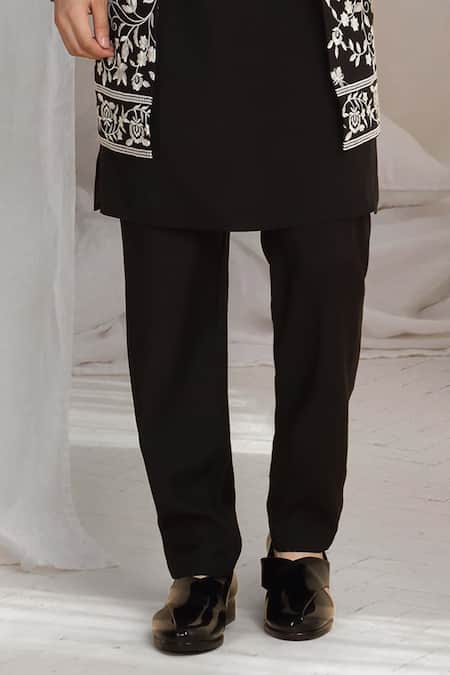 Aham-Vayam_Black Cotton Embroidery Floral Jacket Kurta Pant Set _Online_at_Aza_Fashions