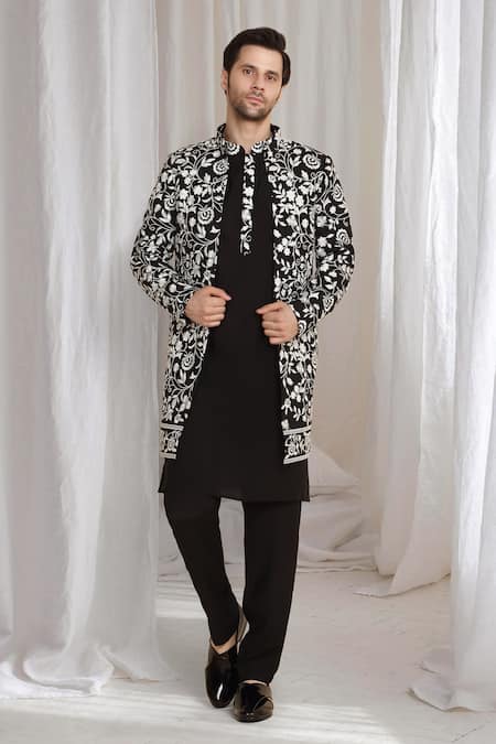 Buy_Aham-Vayam_Black Cotton Embroidery Floral Jacket Kurta Pant Set _Online_at_Aza_Fashions