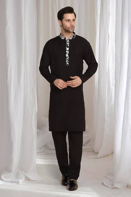 Shop_Aham-Vayam_Black Cotton Embroidery Floral Jacket Kurta Pant Set _Online_at_Aza_Fashions