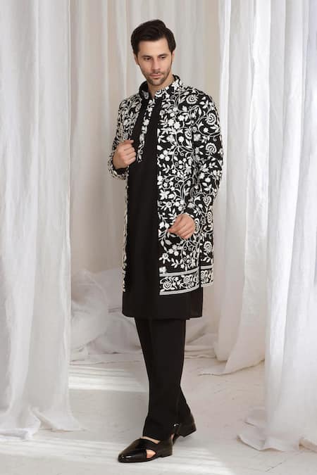 Aham-Vayam_Black Cotton Embroidery Floral Jacket Kurta Pant Set _at_Aza_Fashions