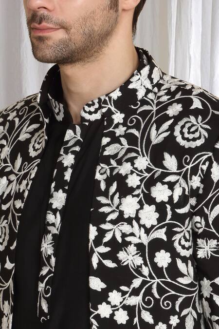 Buy_Aham-Vayam_Black Cotton Embroidery Floral Jacket Kurta Pant Set 