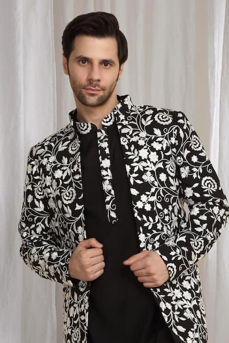 Shop_Aham-Vayam_Black Cotton Embroidery Floral Jacket Kurta Pant Set 
