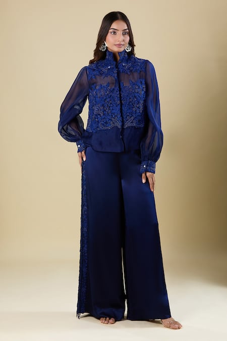 Anamika Khanna Indigo Embroidered Shirt & Pant Set 