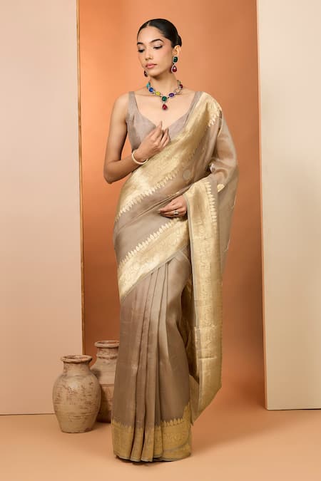 Neha Khullar Brown Kora Organza Saree With Unstitched Blouse Piece